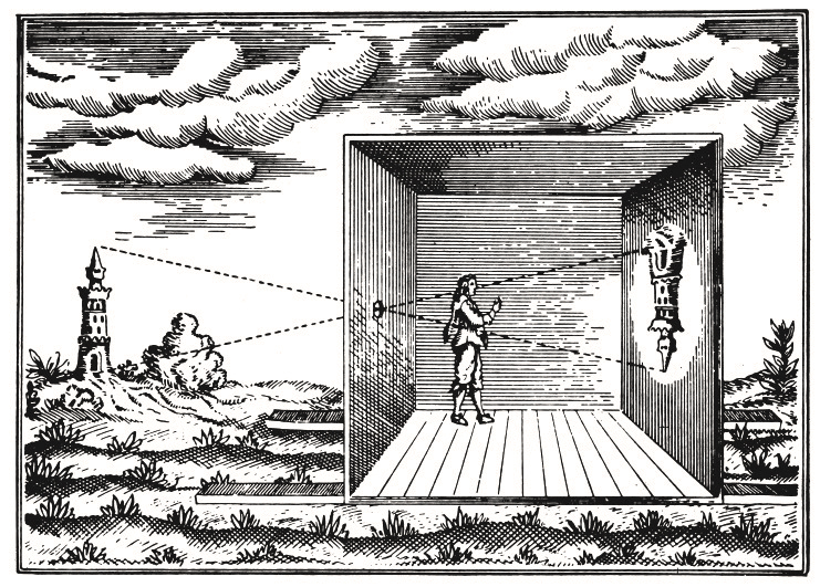 Illustration of a man projecting a building with a camera obscura.